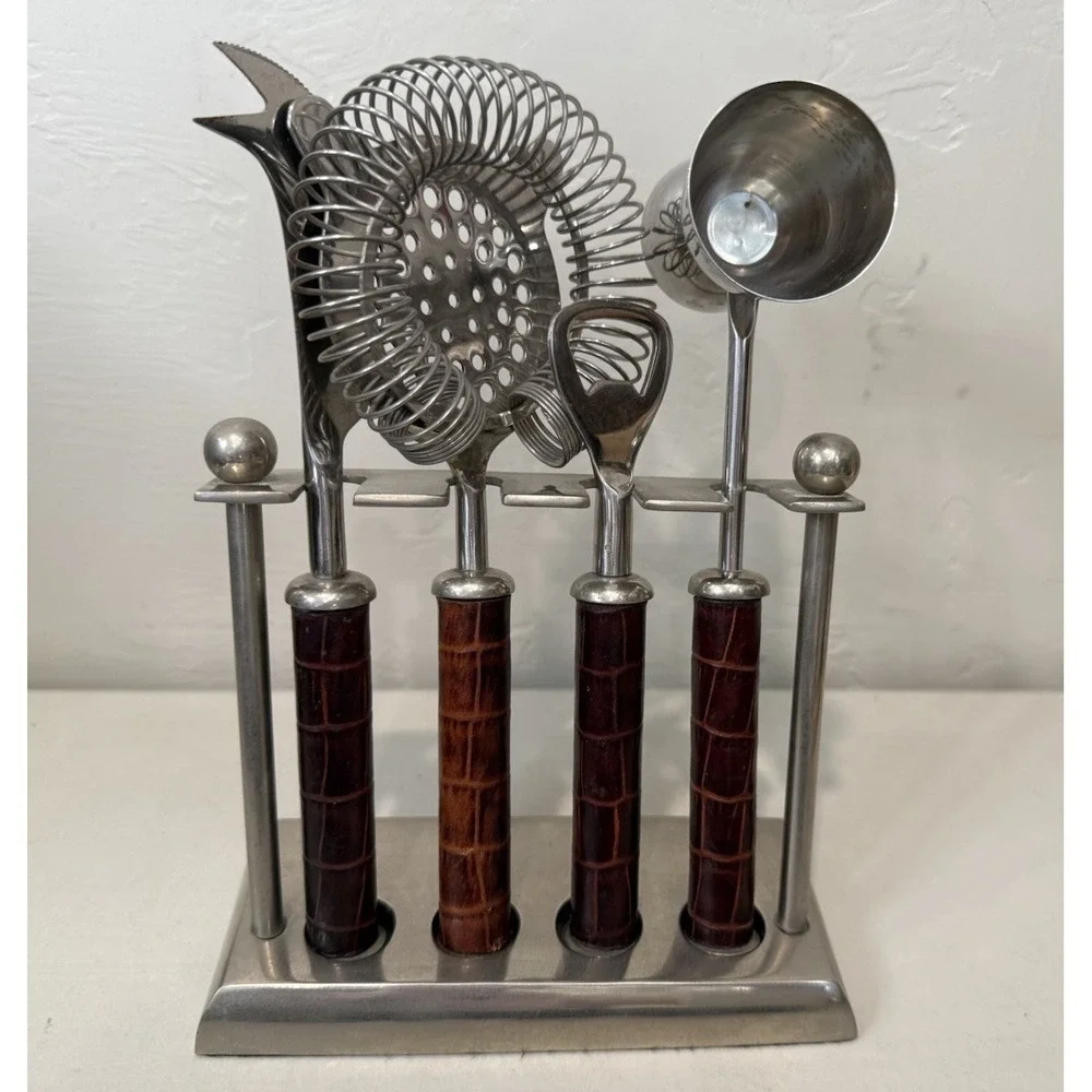 Vintage Pottery Barn Cocktail Barware Tool Set Brown Alligator Croc Handles MCM